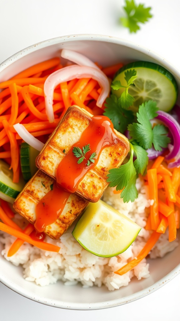 Crispy Baked Tofu Banh Mi Bowl with Quick-Pickled Daikon A vibrant bowl of crispy baked tofu with vegetables and quick-pickled daikon, served over rice with garnishes.